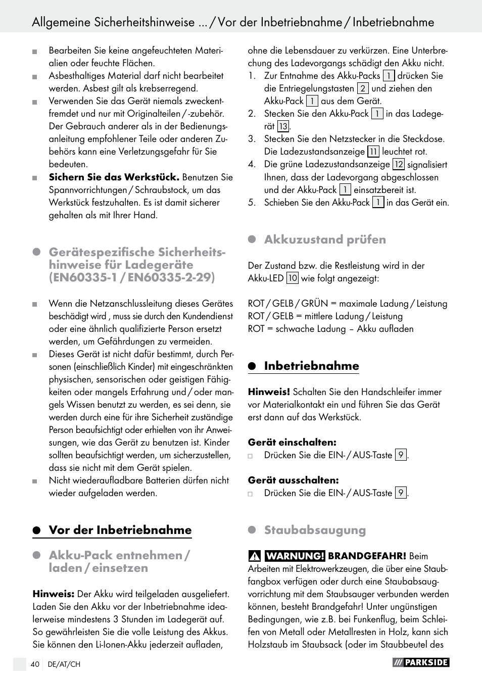 Inbetriebnahme, Vor der inbetriebnahme, Akku-pack entnehmen / laden / einsetzen | Akkuzustand prüfen, Staubabsaugung | Parkside PAHS 12 A1 User Manual | Page 40 / 44