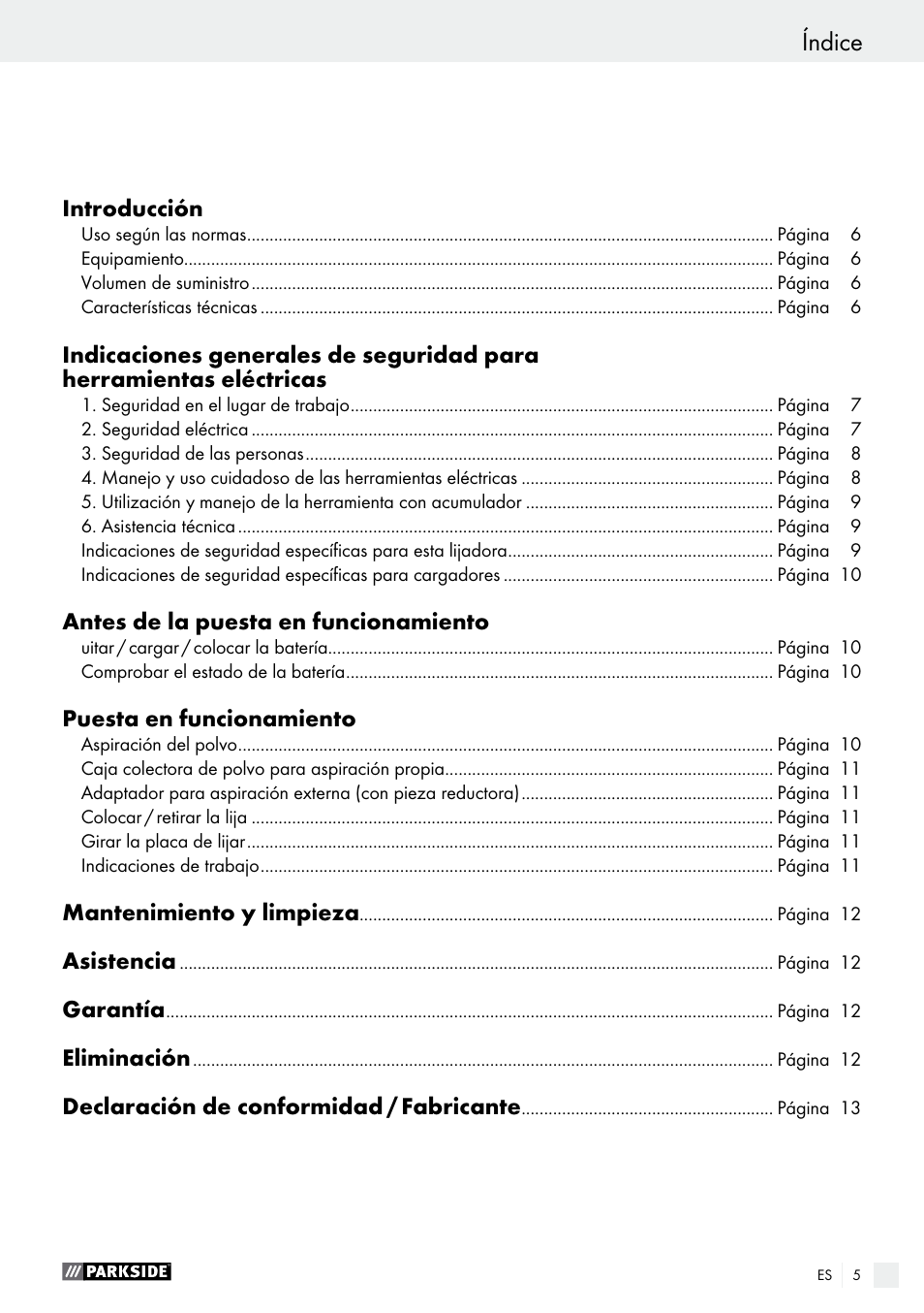 Índice | Parkside PAHS 12 A1 User Manual | Page 5 / 44