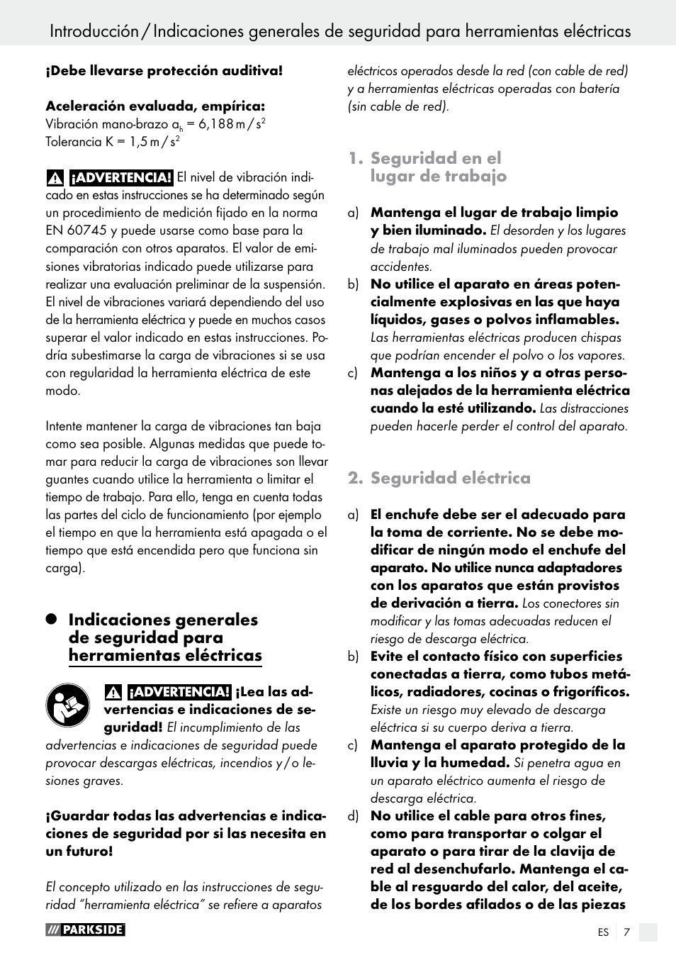 Introducción, Seguridad en el lugar de trabajo, Seguridad eléctrica | Parkside PAHS 12 A1 User Manual | Page 7 / 44