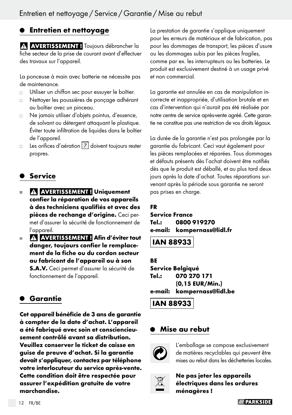 Entretien et nettoyage, Service, Garantie | Mise au rebut | Parkside PAHS 12 A1 User Manual | Page 12 / 44