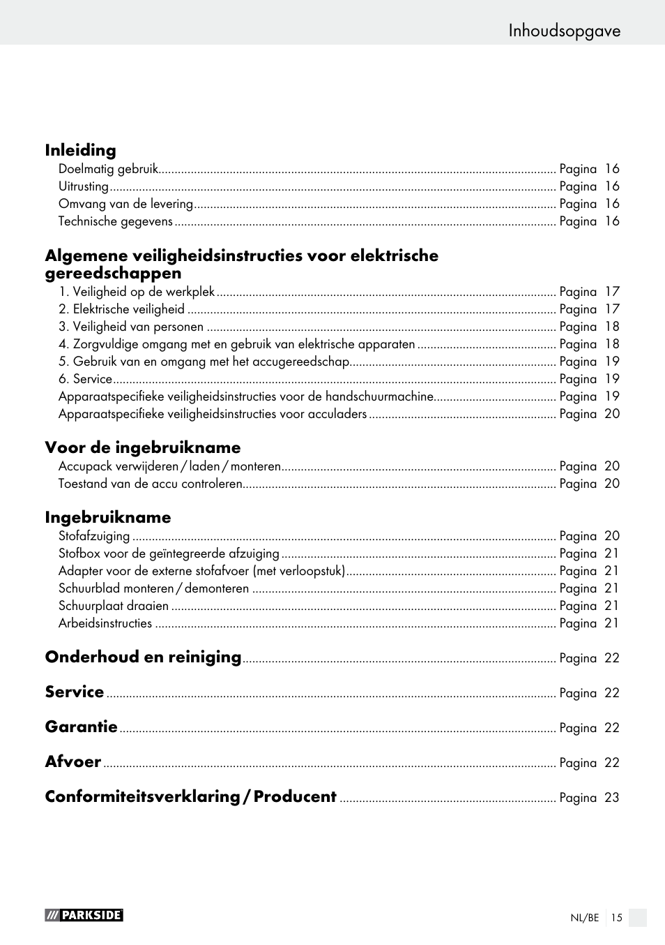 Inhoudsopgave | Parkside PAHS 12 A1 User Manual | Page 15 / 44