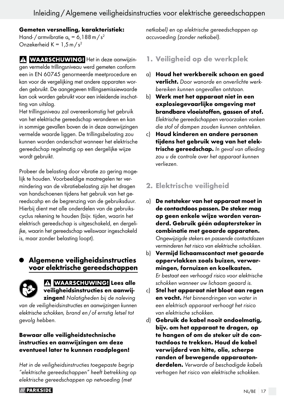 Veiligheid op de werkplek, Elektrische veiligheid | Parkside PAHS 12 A1 User Manual | Page 17 / 44