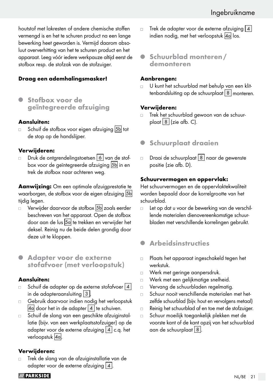 Stofbox voor de geïntegreerde afzuiging, Schuurblad monteren / demonteren, Schuurplaat draaien | Arbeidsinstructies | Parkside PAHS 12 A1 User Manual | Page 21 / 44