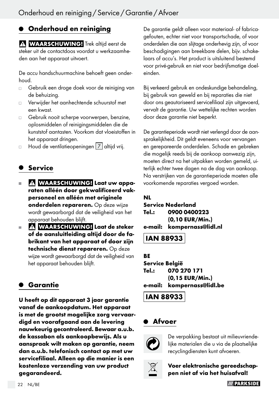 Afvoer / conformiteitsverklaring / producent, Onderhoud en reiniging, Service | Garantie, Afvoer | Parkside PAHS 12 A1 User Manual | Page 22 / 44