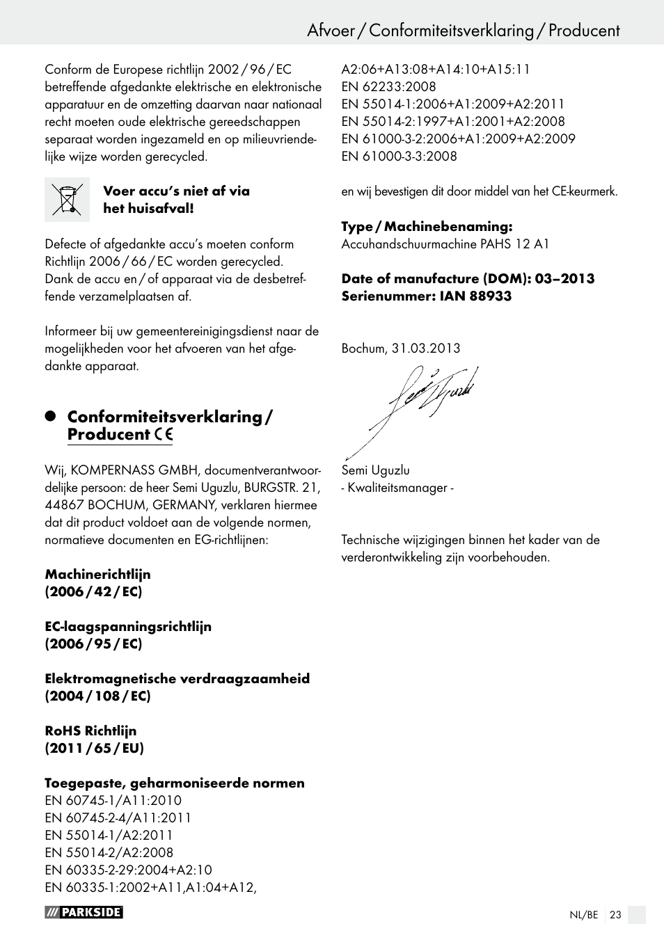 Afvoer / conformiteitsverklaring / producent, Conformiteitsverklaring / producent | Parkside PAHS 12 A1 User Manual | Page 23 / 44