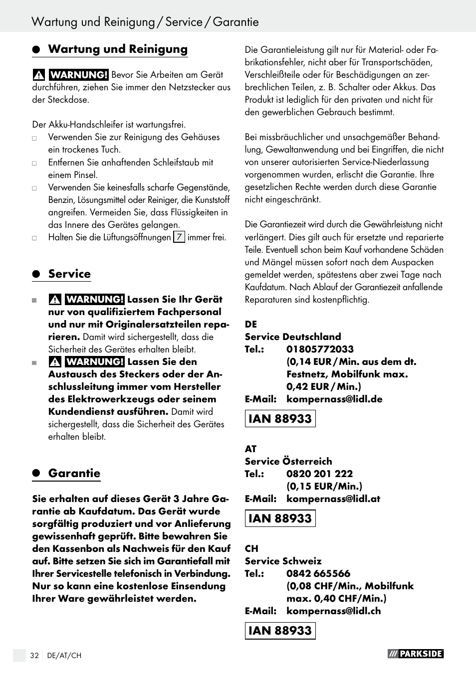 Entsorgung / konformitätserklärung / hersteller, Wartung und reinigung / service / garantie | Parkside PAHS 12 A1 User Manual | Page 32 / 44