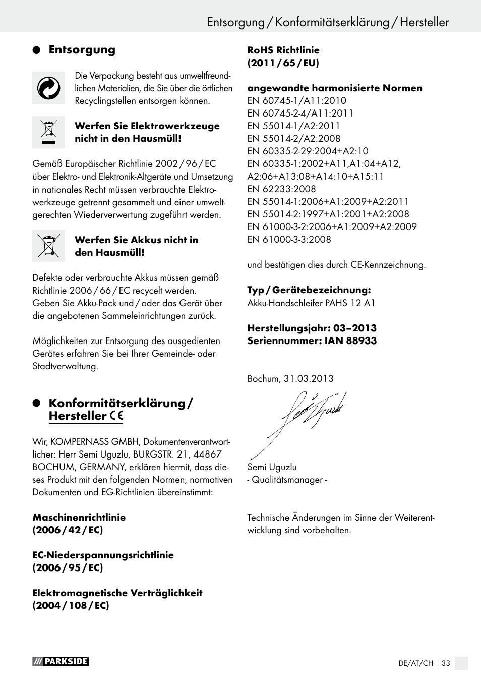 Entsorgung / konformitätserklärung / hersteller, Wartung und reinigung / service / garantie, Entsorgung | Konformitätserklärung / hersteller | Parkside PAHS 12 A1 User Manual | Page 33 / 44