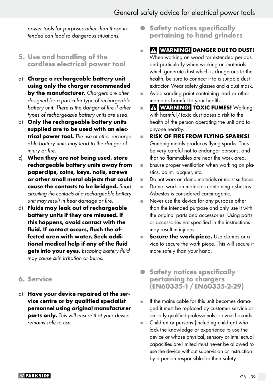 General safety advice for electrical power tools | Parkside PAHS 12 A1 User Manual | Page 39 / 44
