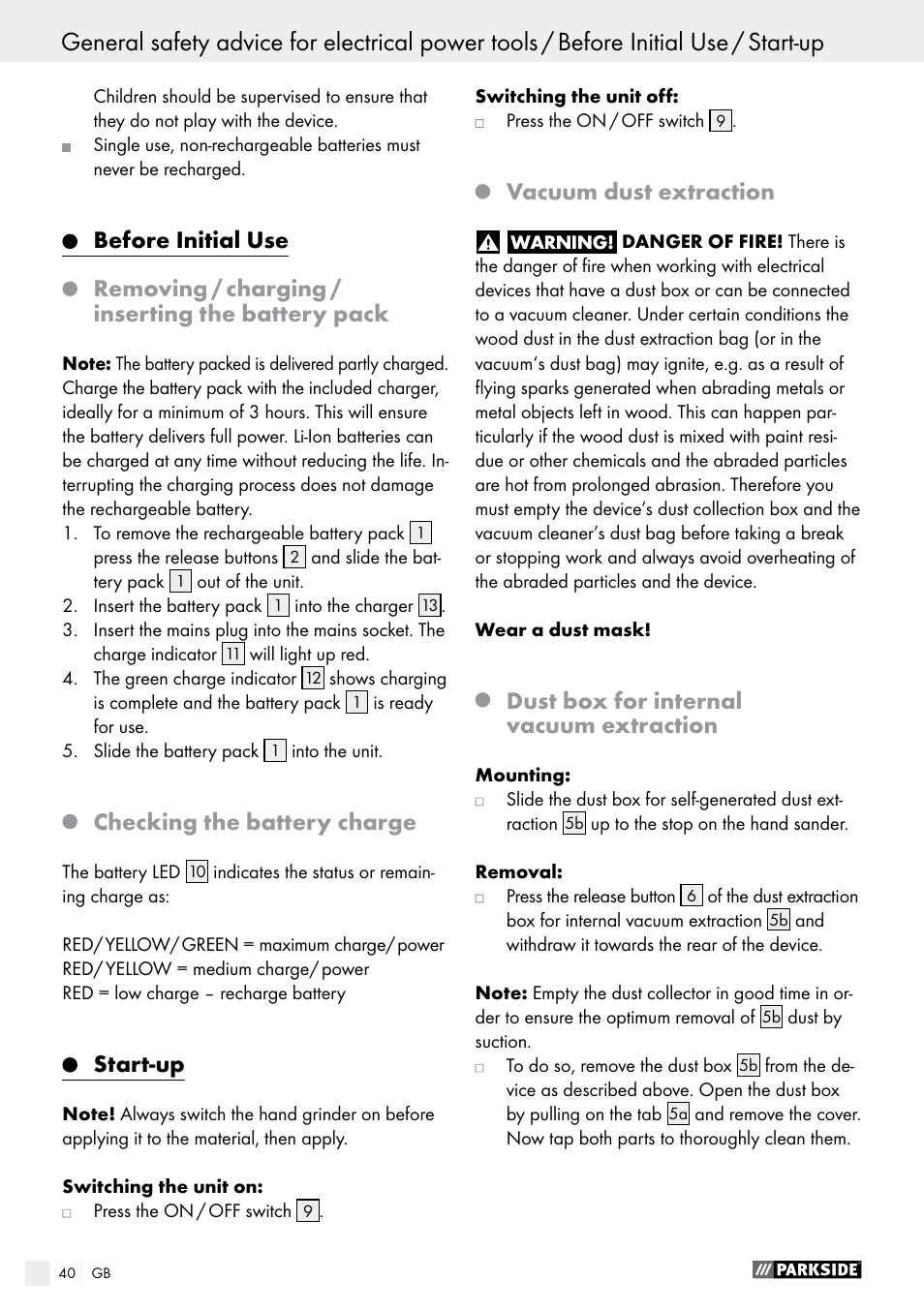Before initial use, Removing / charging / inserting the battery pack, Checking the battery charge | Start-up, Vacuum dust extraction, Dust box for internal vacuum extraction | Parkside PAHS 12 A1 User Manual | Page 40 / 44