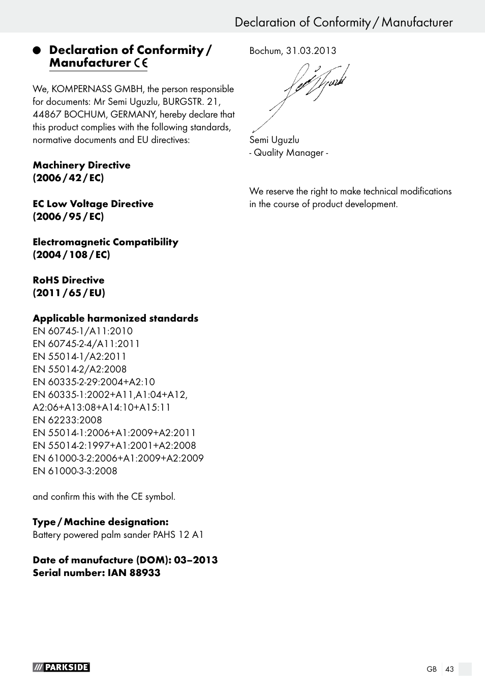 Declaration of conformity / manufacturer | Parkside PAHS 12 A1 User Manual | Page 43 / 44