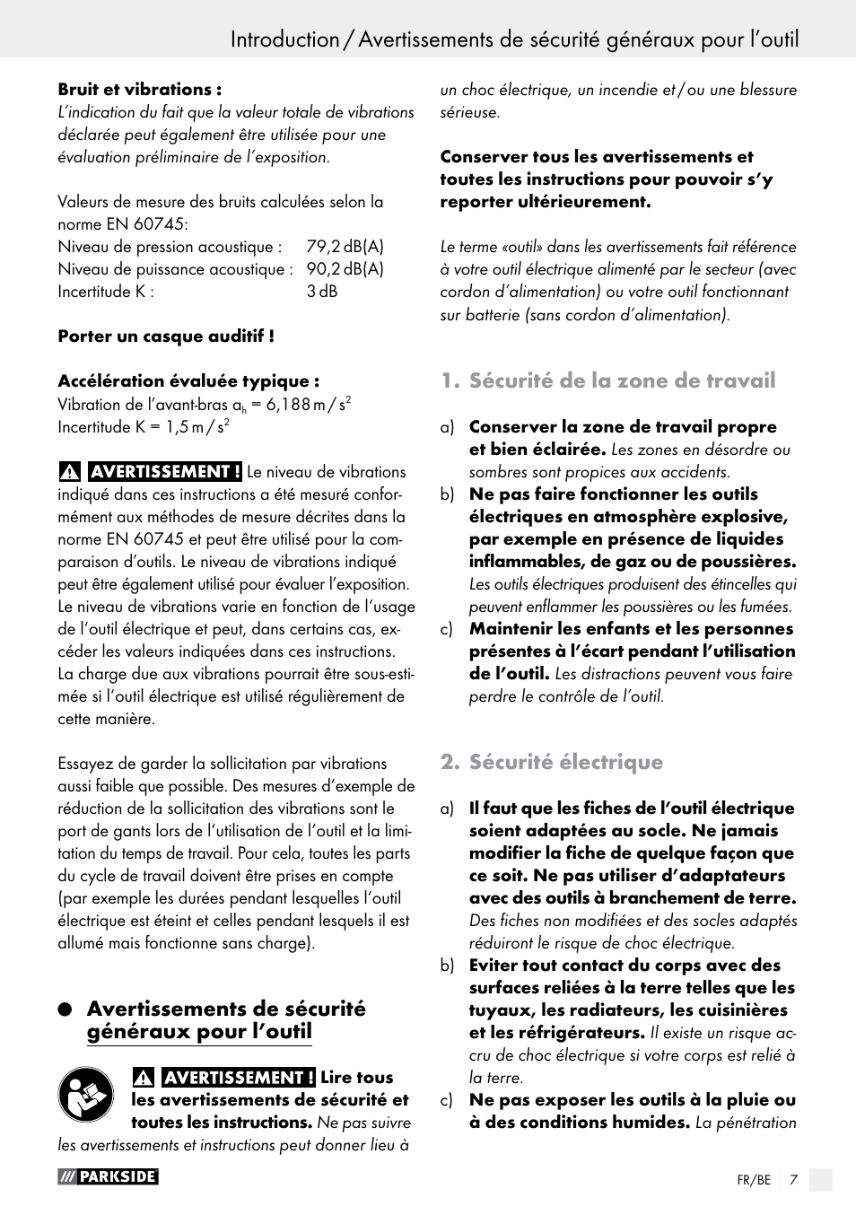 Avertissements de sécurité généraux pour l’outil, Sécurité de la zone de travail, Sécurité électrique | Parkside PAHS 12 A1 User Manual | Page 7 / 44