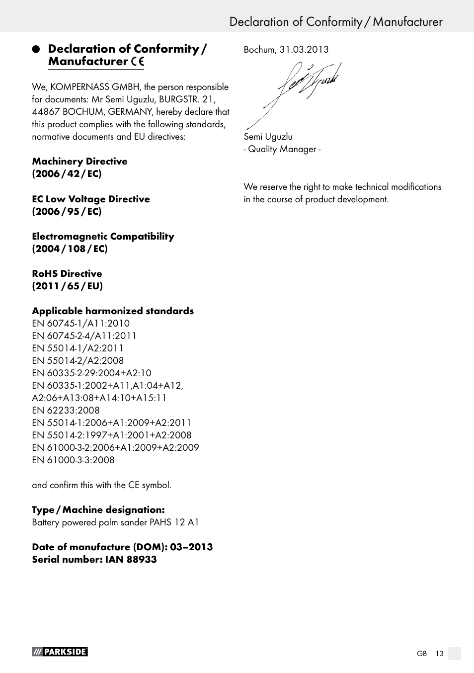 Declaration of conformity / manufacturer | Parkside PAHS 12 A1 User Manual | Page 13 / 44