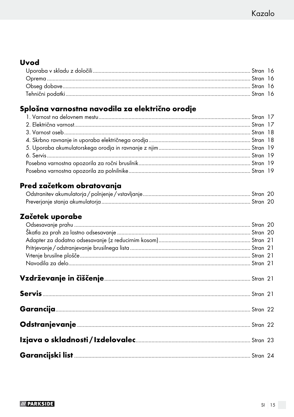 Kazalo | Parkside PAHS 12 A1 User Manual | Page 15 / 44