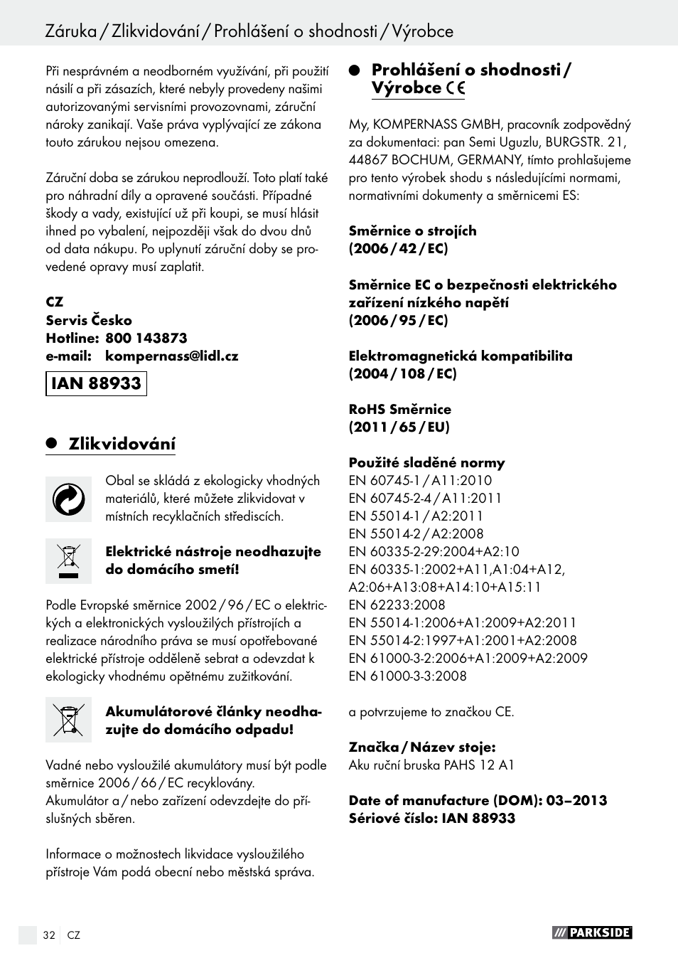 Parkside PAHS 12 A1 User Manual | Page 32 / 44