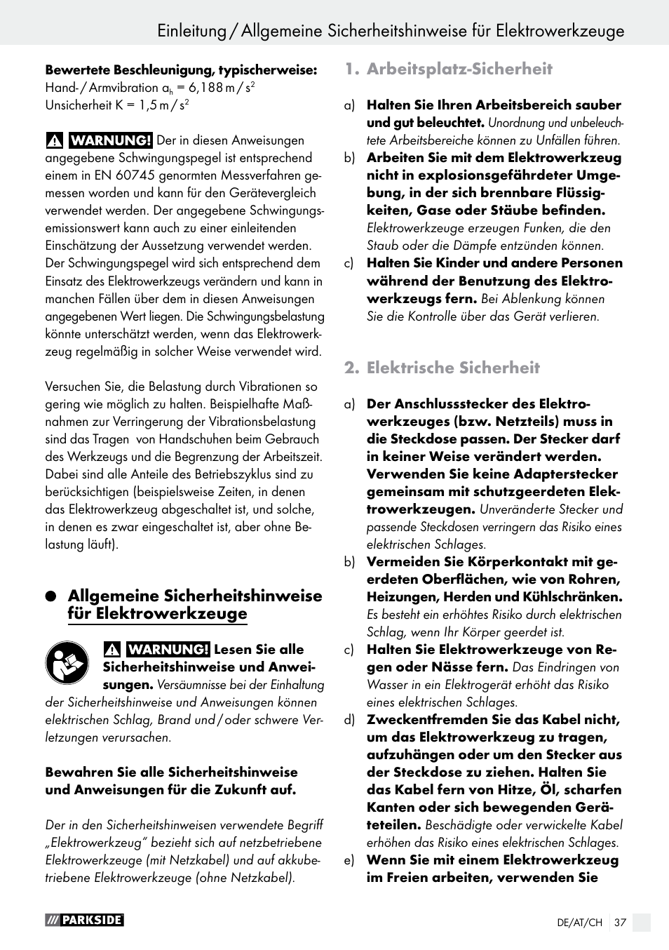 Arbeitsplatz-sicherheit, Elektrische sicherheit | Parkside PAHS 12 A1 User Manual | Page 37 / 44