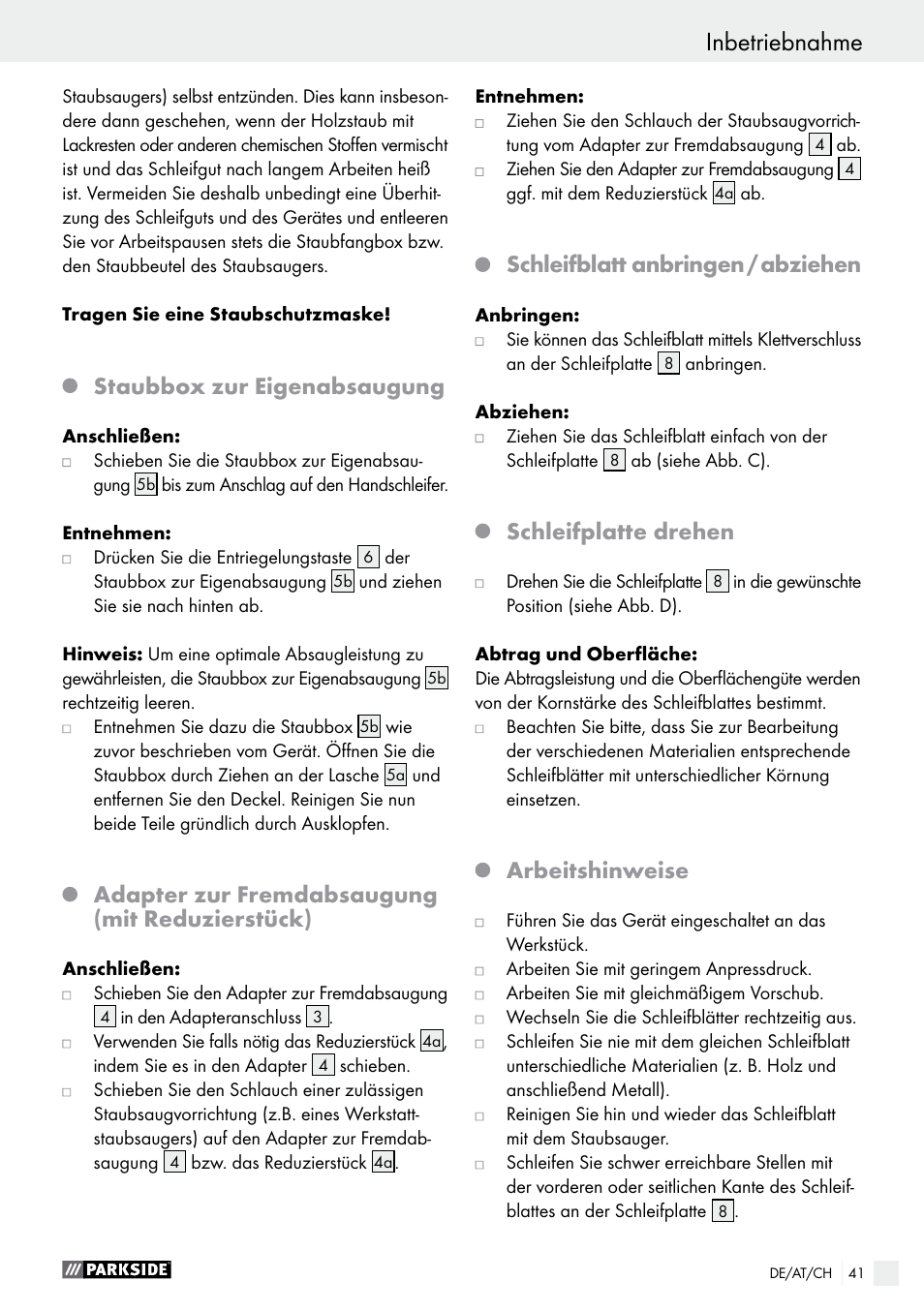 Staubbox zur eigenabsaugung, Adapter zur fremdabsaugung (mit reduzierstück), Schleifblatt anbringen / abziehen | Schleifplatte drehen, Arbeitshinweise | Parkside PAHS 12 A1 User Manual | Page 41 / 44