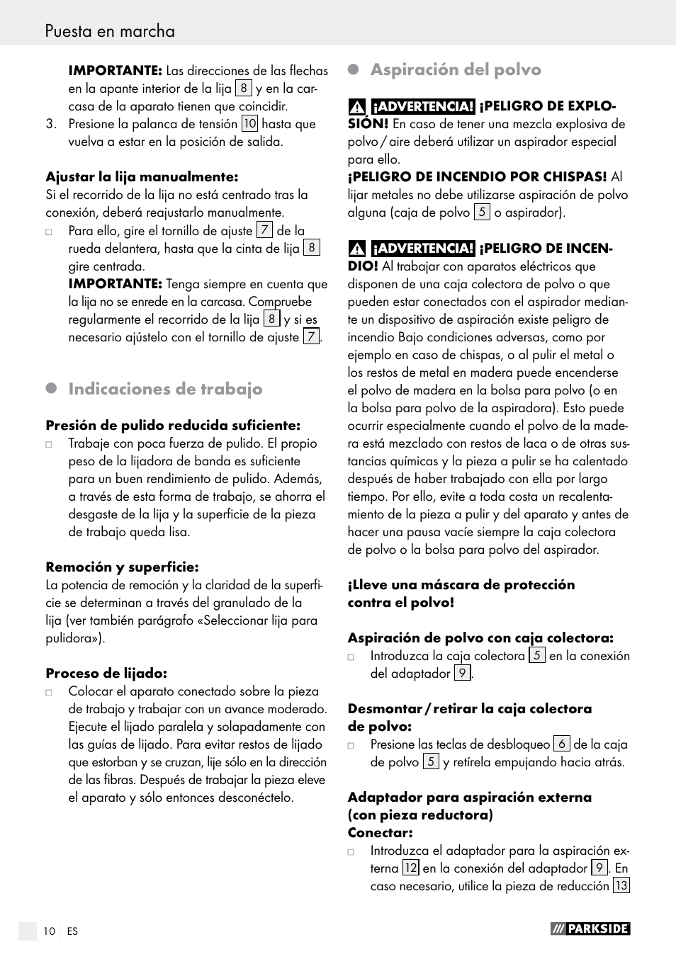 Puesta en marcha / manejo puesta en marcha, Indicaciones de trabajo, Aspiración del polvo | Parkside PBS 600 A1 User Manual | Page 10 / 55