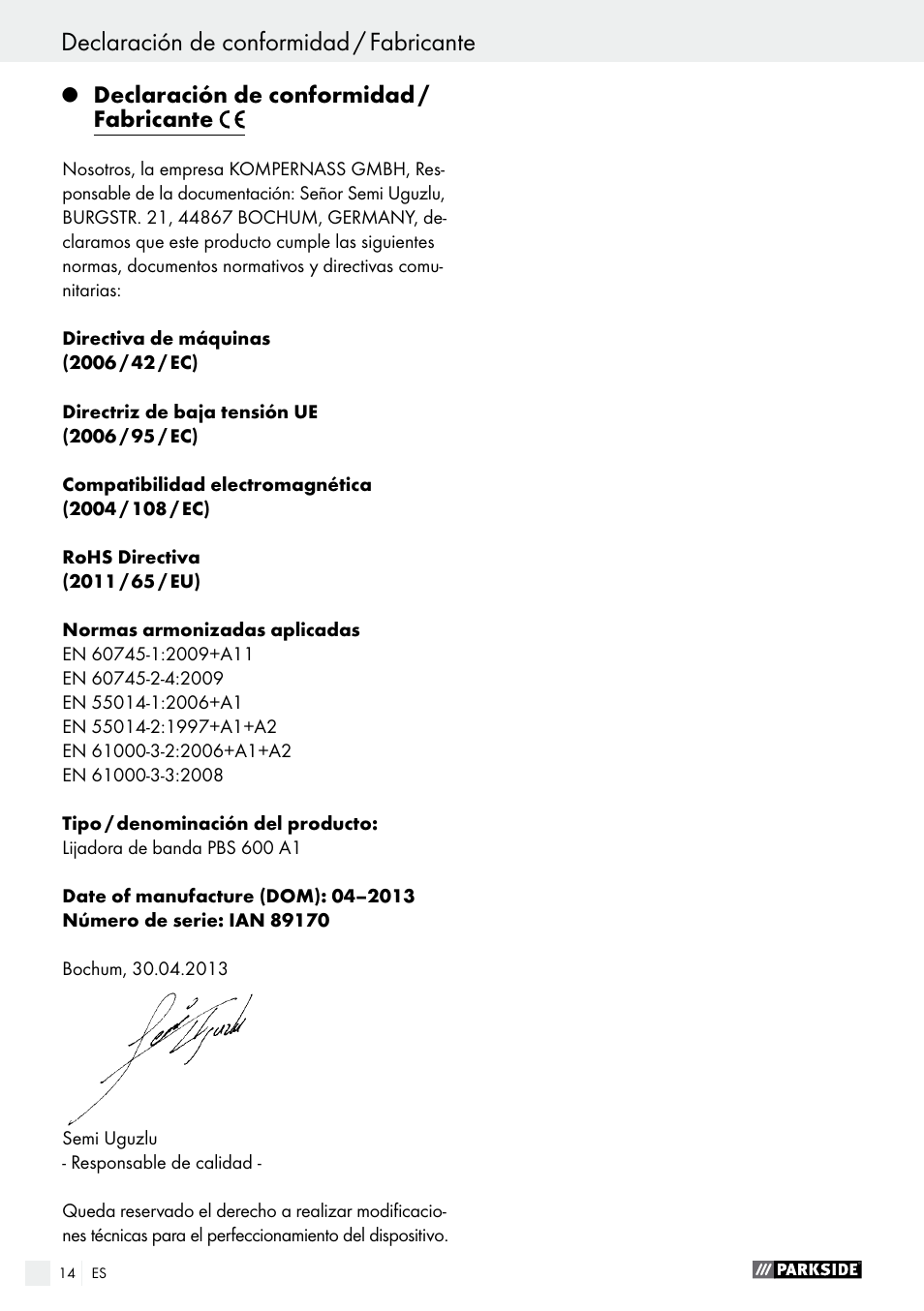 Declaración de conformidad / fabricante, Indice | Parkside PBS 600 A1 User Manual | Page 14 / 55