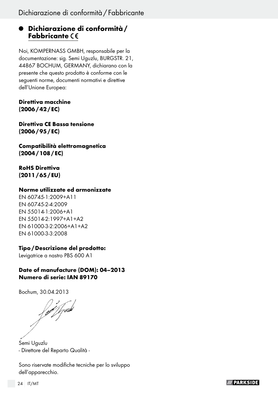 Índice dichiarazione di conformità / fabbricante | Parkside PBS 600 A1 User Manual | Page 24 / 55