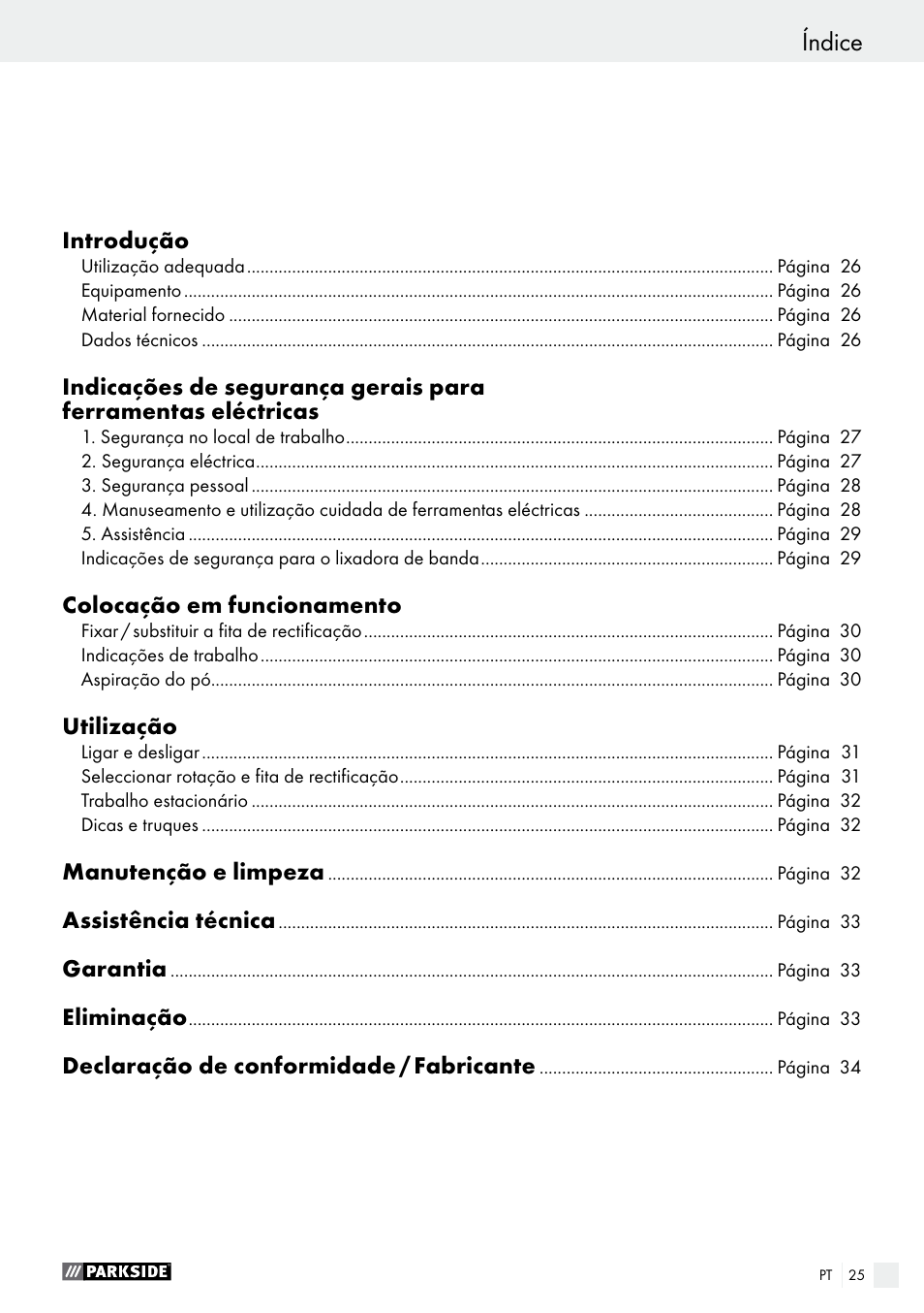 Índice, Dichiarazione di conformità / fabbricante | Parkside PBS 600 A1 User Manual | Page 25 / 55