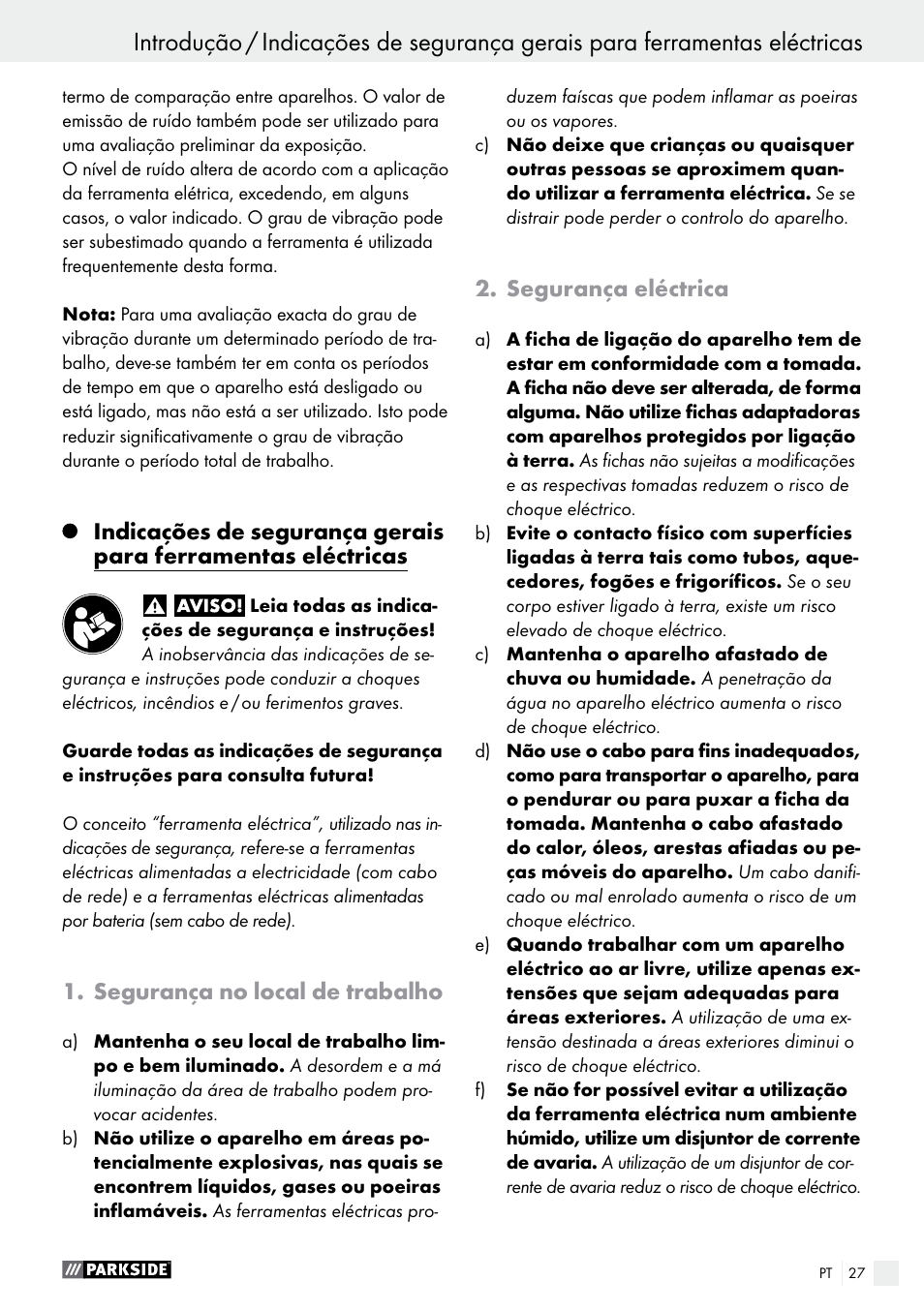 Introdução, Segurança no local de trabalho, Segurança eléctrica | Parkside PBS 600 A1 User Manual | Page 27 / 55