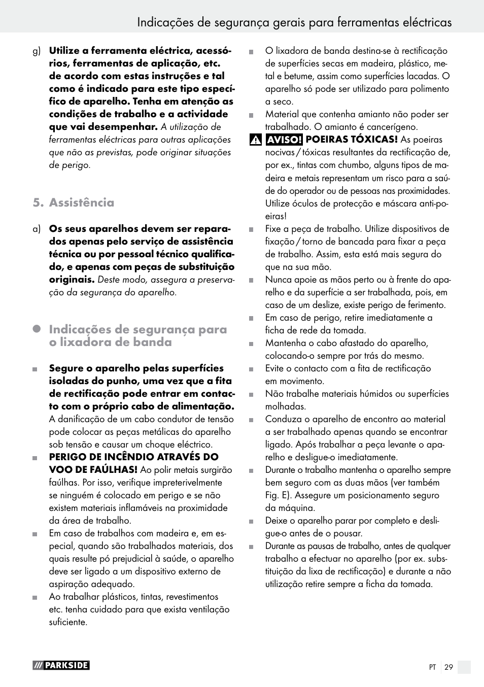 Assistência, Indicações de segurança para o lixadora de banda | Parkside PBS 600 A1 User Manual | Page 29 / 55