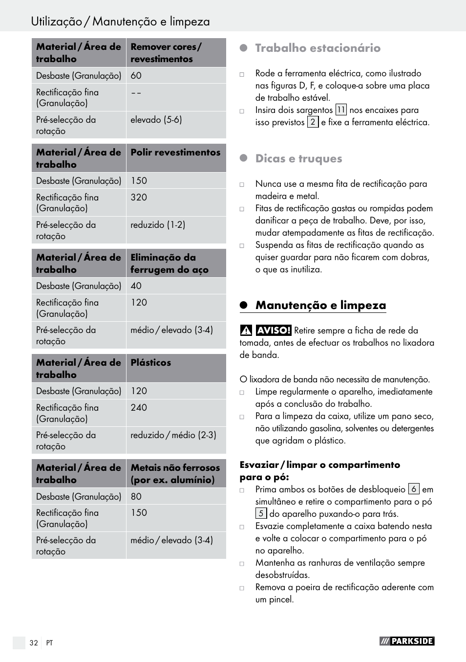 Trabalho estacionário, Dicas e truques, Manutenção e limpeza | Parkside PBS 600 A1 User Manual | Page 32 / 55