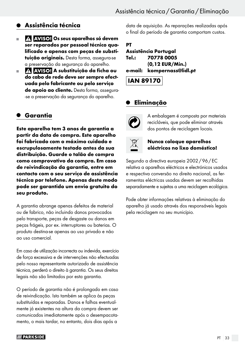 Assistência técnica / garantia / eliminação, Utilização / manutenção e limpeza, Assistência técnica | Garantia, Eliminação | Parkside PBS 600 A1 User Manual | Page 33 / 55