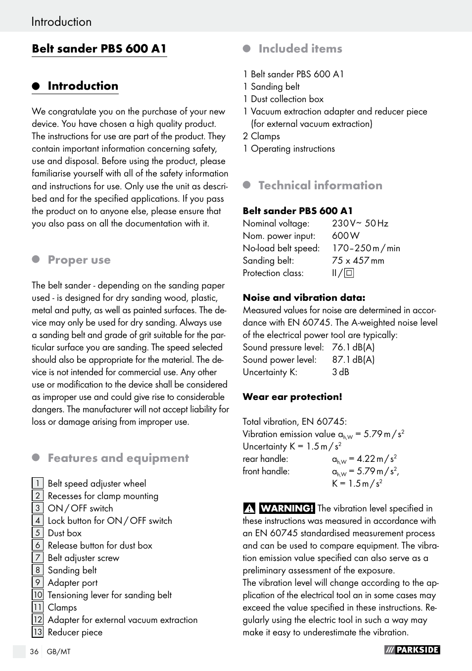 Belt sander pbs 600 a1, Introduction, Proper use | Features and equipment, Included items, Technical information | Parkside PBS 600 A1 User Manual | Page 36 / 55