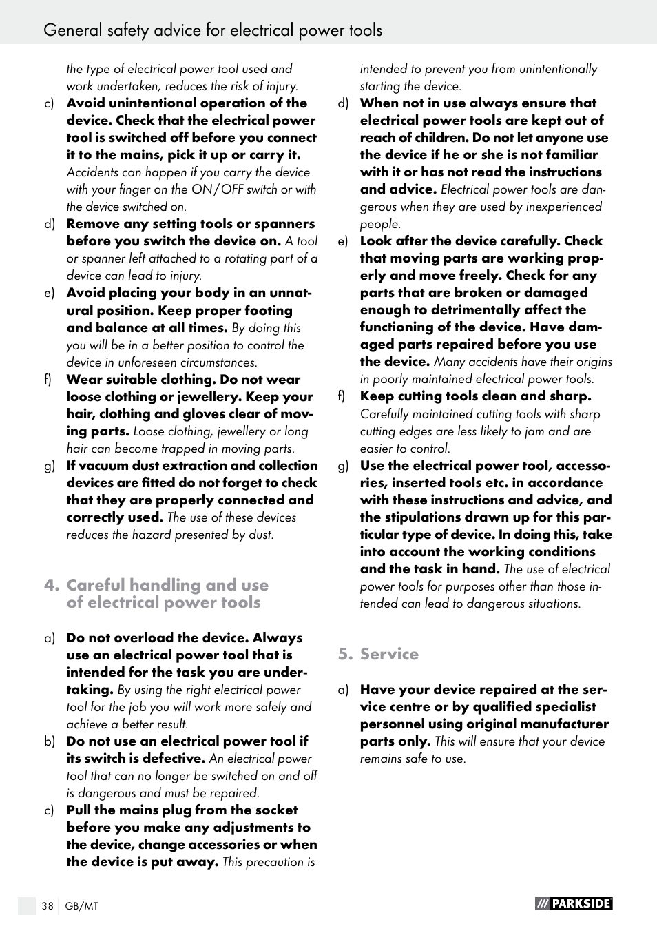 Careful handling and use of electrical power tools, Service | Parkside PBS 600 A1 User Manual | Page 38 / 55