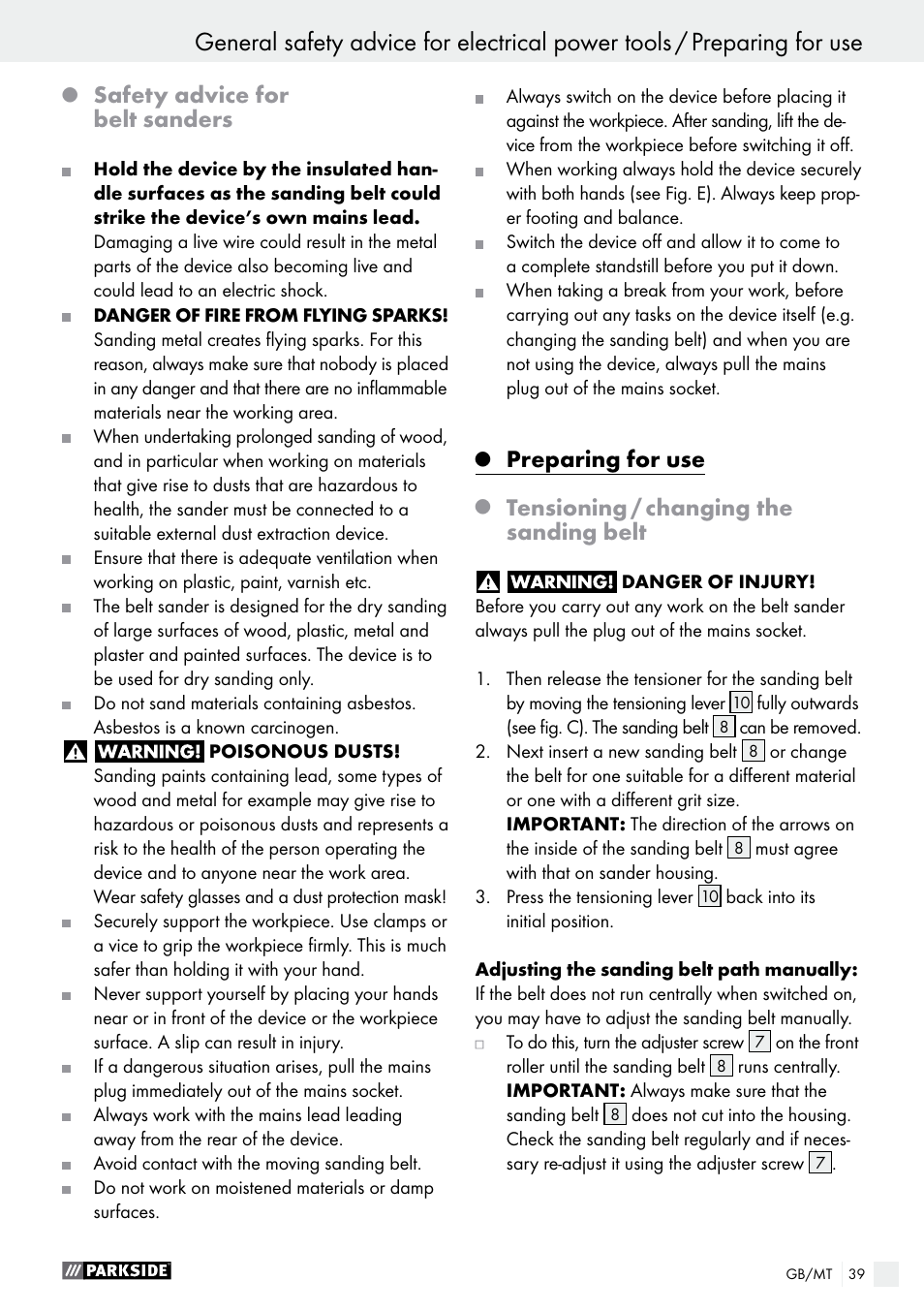 General safety advice for electrical power tools, Safety advice for belt sanders, Preparing for use | Tensioning / changing the sanding belt | Parkside PBS 600 A1 User Manual | Page 39 / 55