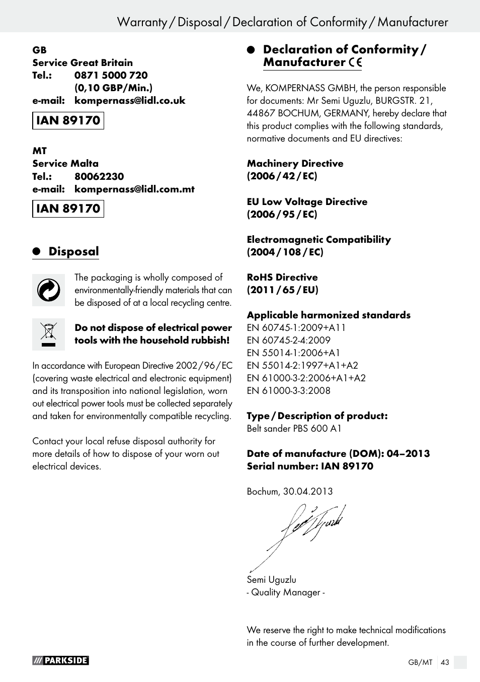 Disposal, Declaration of conformity / manufacturer | Parkside PBS 600 A1 User Manual | Page 43 / 55