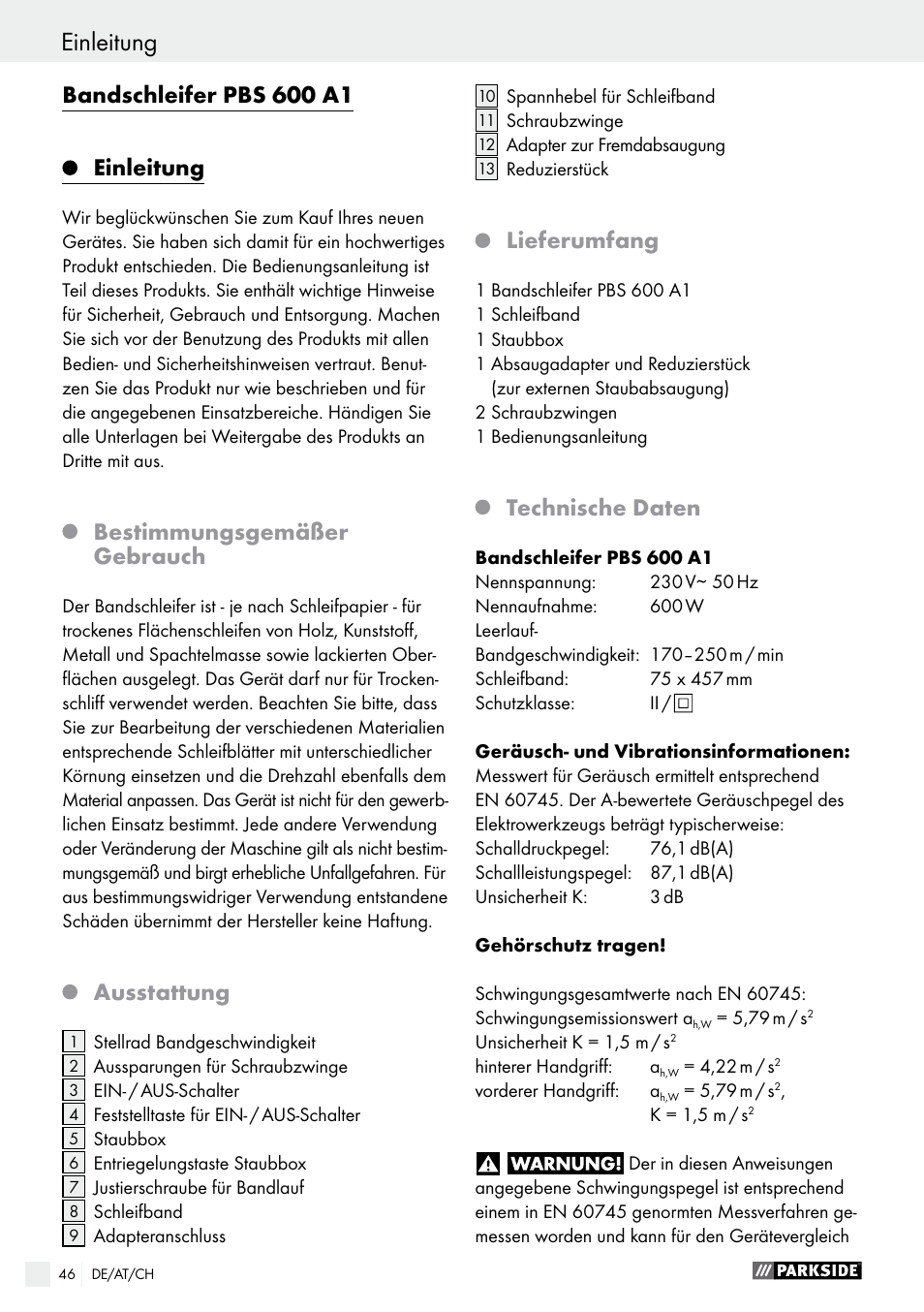 Bandschleifer pbs 600 a1 einleitung, Bestimmungsgemäßer gebrauch, Ausstattung | Lieferumfang, Technische daten | Parkside PBS 600 A1 User Manual | Page 46 / 55