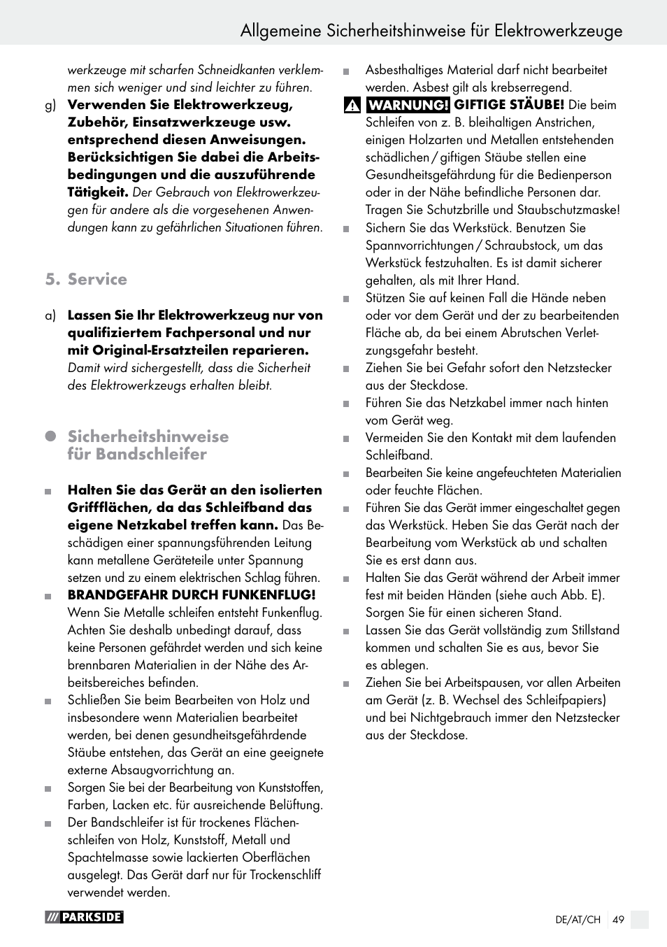 Service, Sicherheitshinweise für bandschleifer | Parkside PBS 600 A1 User Manual | Page 49 / 55