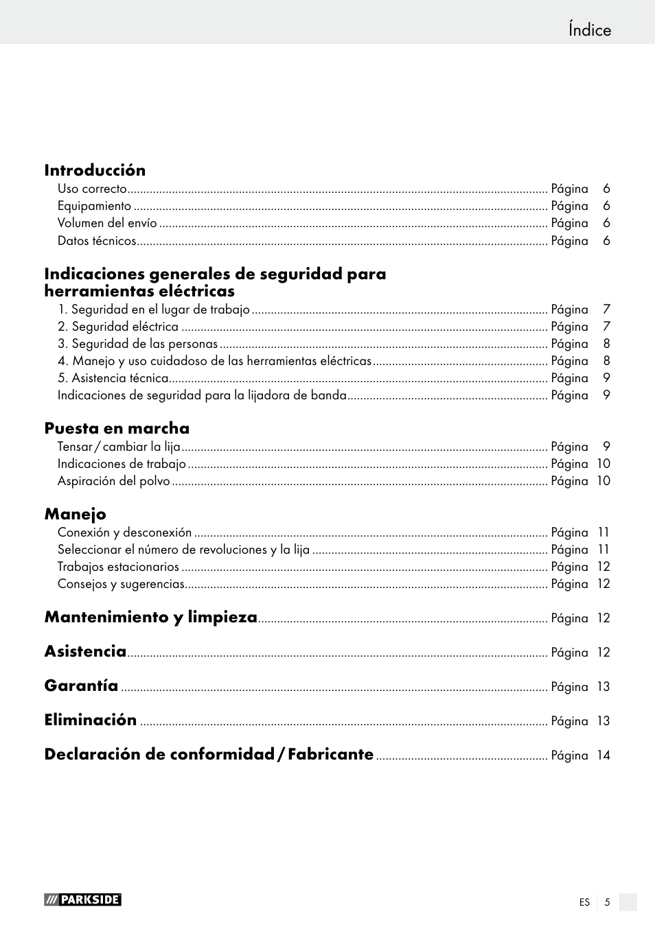 Índice | Parkside PBS 600 A1 User Manual | Page 5 / 55