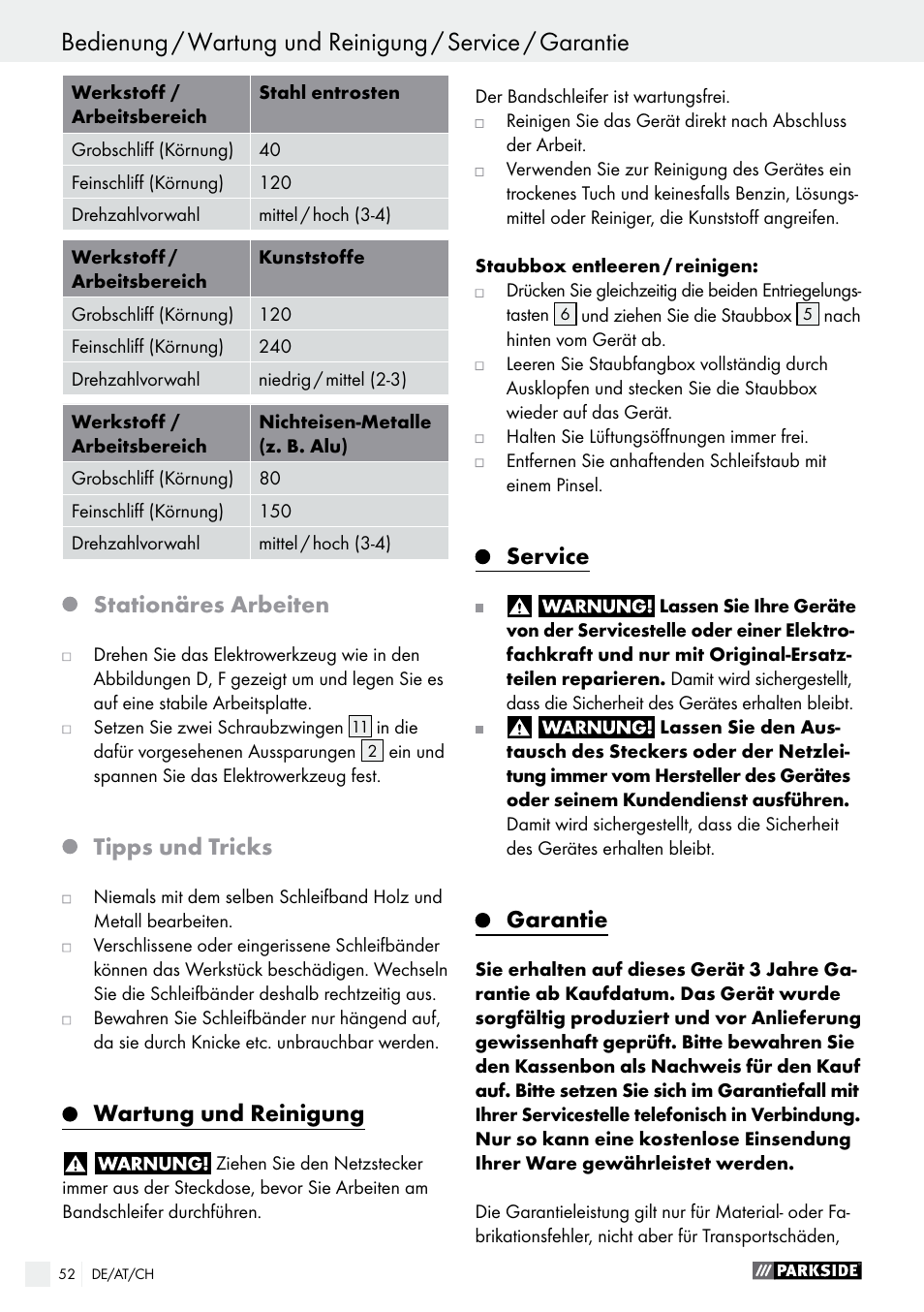 Stationäres arbeiten, Tipps und tricks, Wartung und reinigung | Service, Garantie | Parkside PBS 600 A1 User Manual | Page 52 / 55