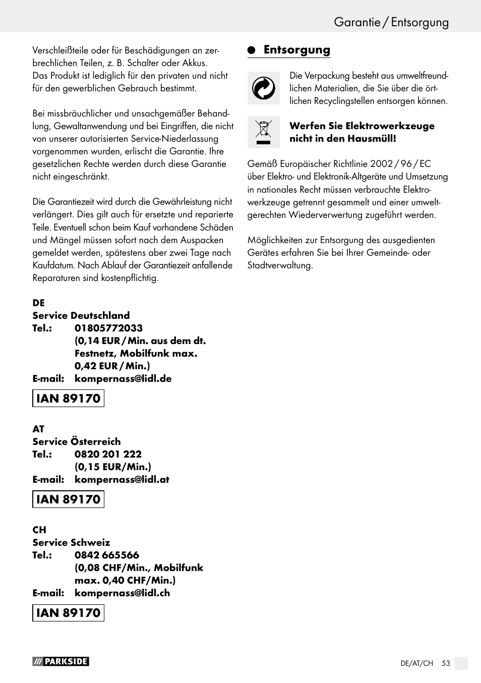 Garantie / entsorgung | Parkside PBS 600 A1 User Manual | Page 53 / 55