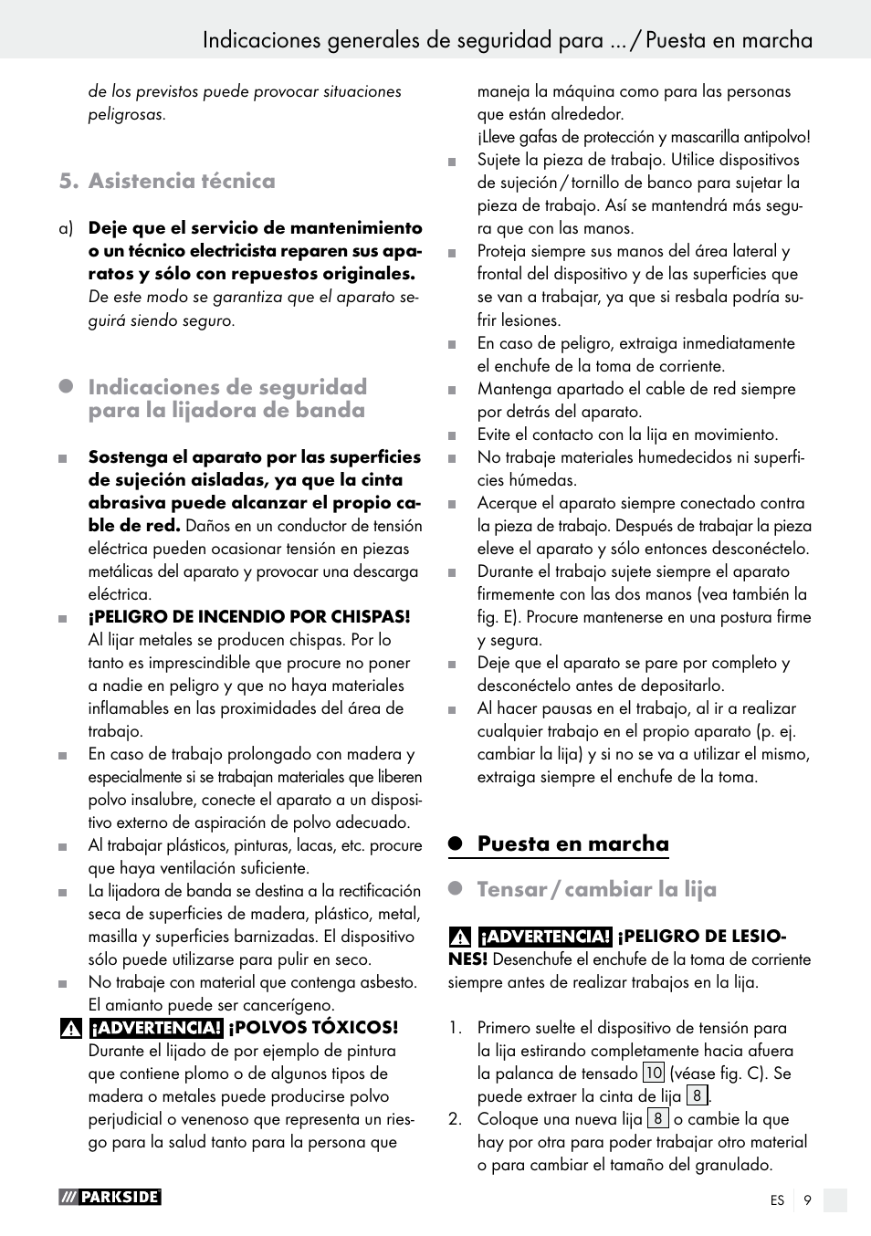 Asistencia técnica, Puesta en marcha, Tensar / cambiar la lija | Parkside PBS 600 A1 User Manual | Page 9 / 55