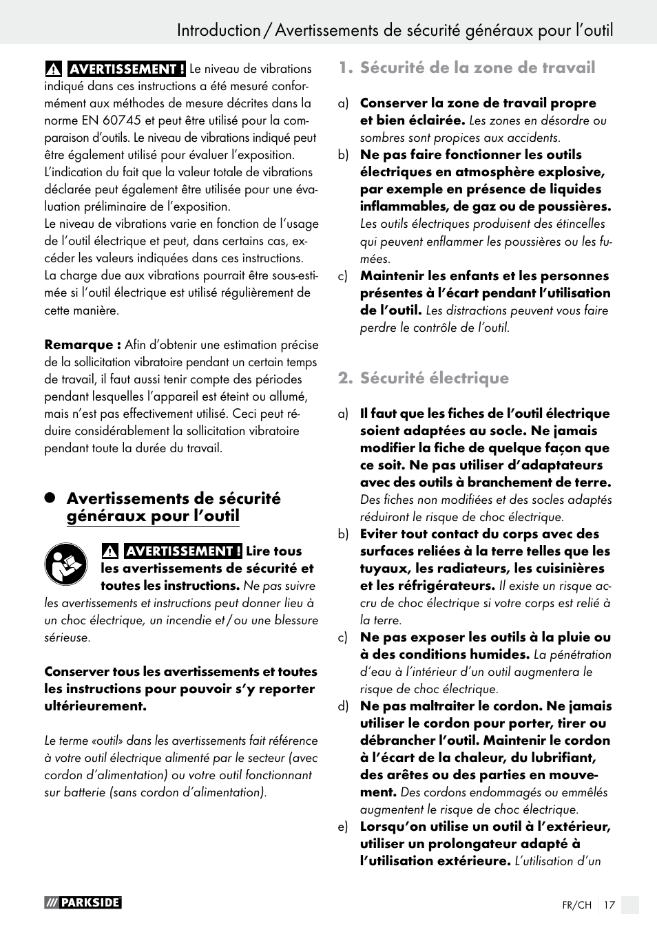 Avertissements de sécurité généraux pour l’outil, Sécurité de la zone de travail, Sécurité électrique | Parkside PBS 600 A1 User Manual | Page 17 / 44