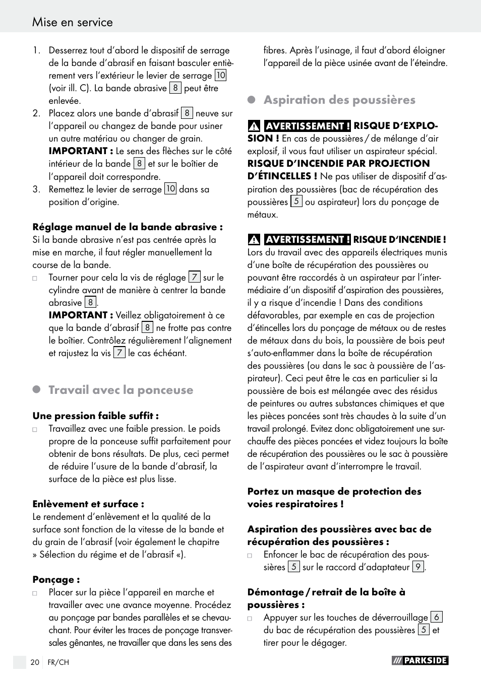 Mise en service / utilisation mise en service, Travail avec la ponceuse, Aspiration des poussières | Parkside PBS 600 A1 User Manual | Page 20 / 44
