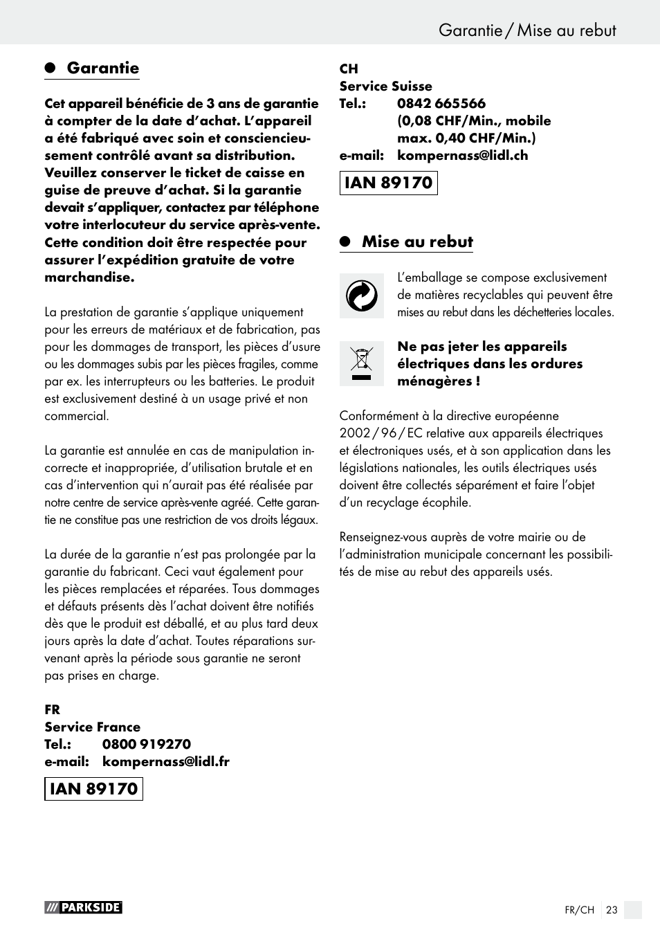 Garantie, Mise au rebut | Parkside PBS 600 A1 User Manual | Page 23 / 44
