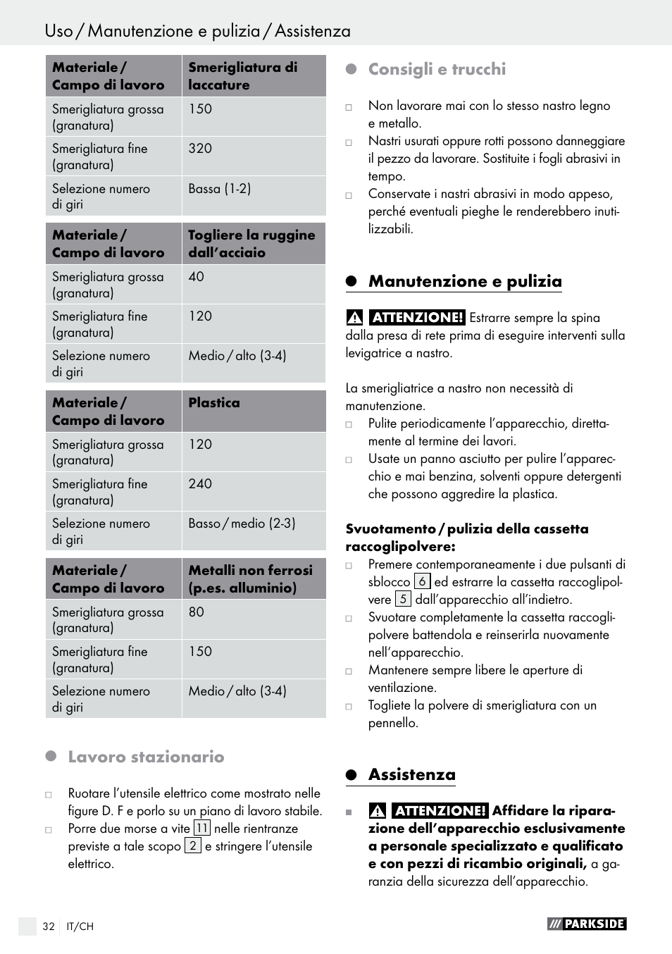 Lavoro stazionario, Consigli e trucchi, Manutenzione e pulizia | Assistenza | Parkside PBS 600 A1 User Manual | Page 32 / 44