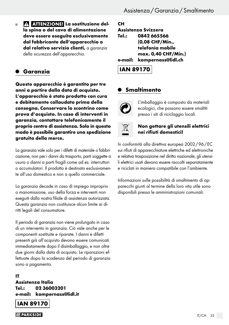 Garanzia, Smaltimento | Parkside PBS 600 A1 User Manual | Page 33 / 44