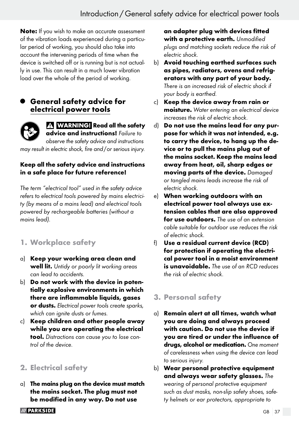 General safety advice for electrical power tools, Workplace safety, Electrical safety | Personal safety | Parkside PBS 600 A1 User Manual | Page 37 / 44