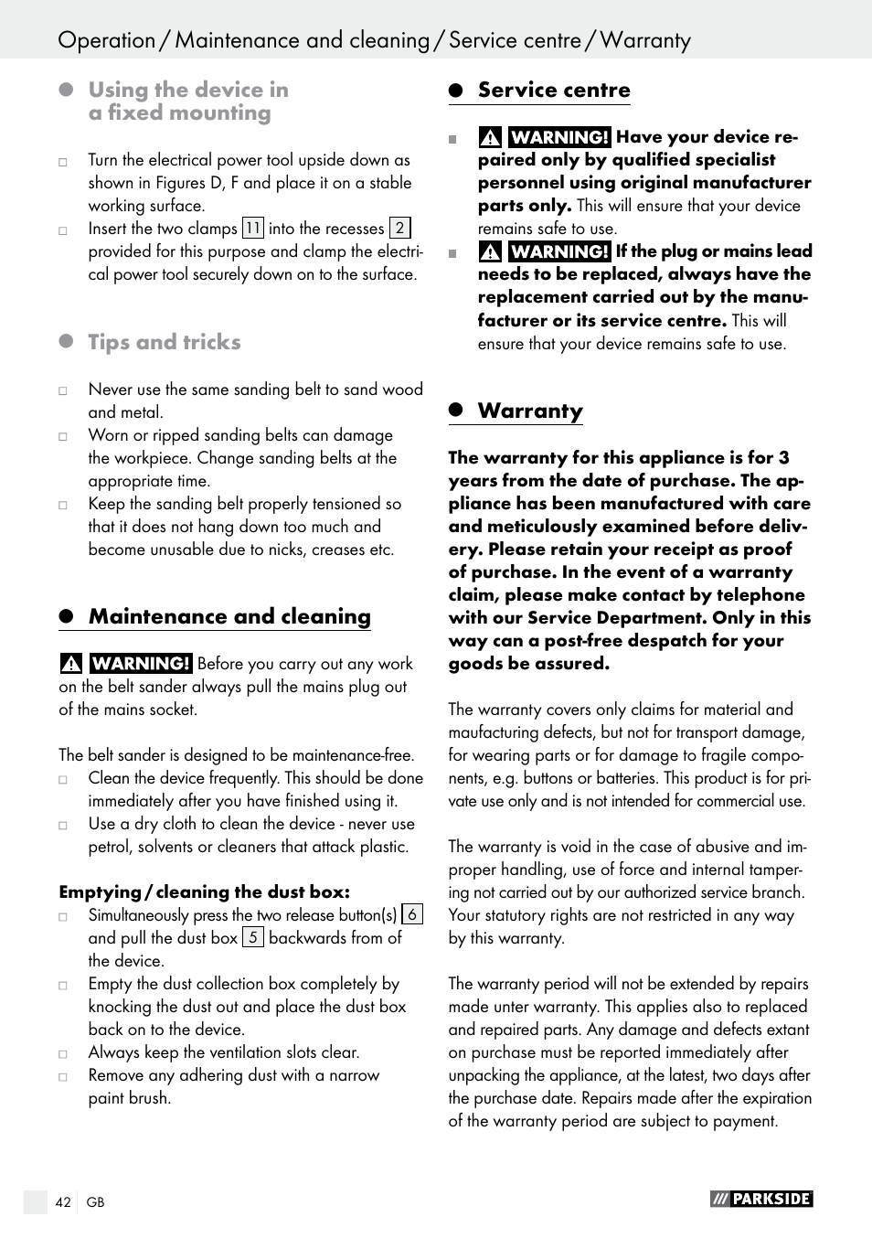 Using the device in a fixed mounting, Tips and tricks, Maintenance and cleaning | Service centre, Warranty | Parkside PBS 600 A1 User Manual | Page 42 / 44