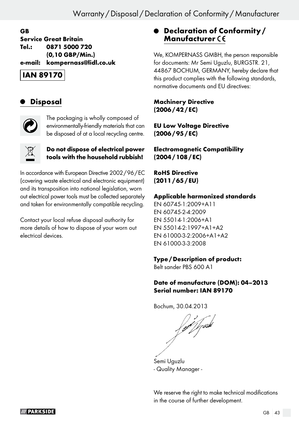 Disposal, Declaration of conformity / manufacturer | Parkside PBS 600 A1 User Manual | Page 43 / 44