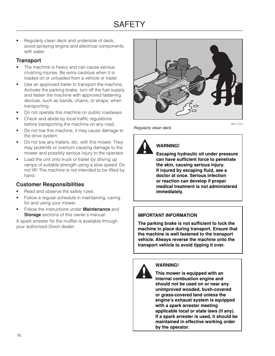 Transport, Customer responsibilities, Safety | Dixon RAM 48ZT BF User Manual | Page 16 / 72