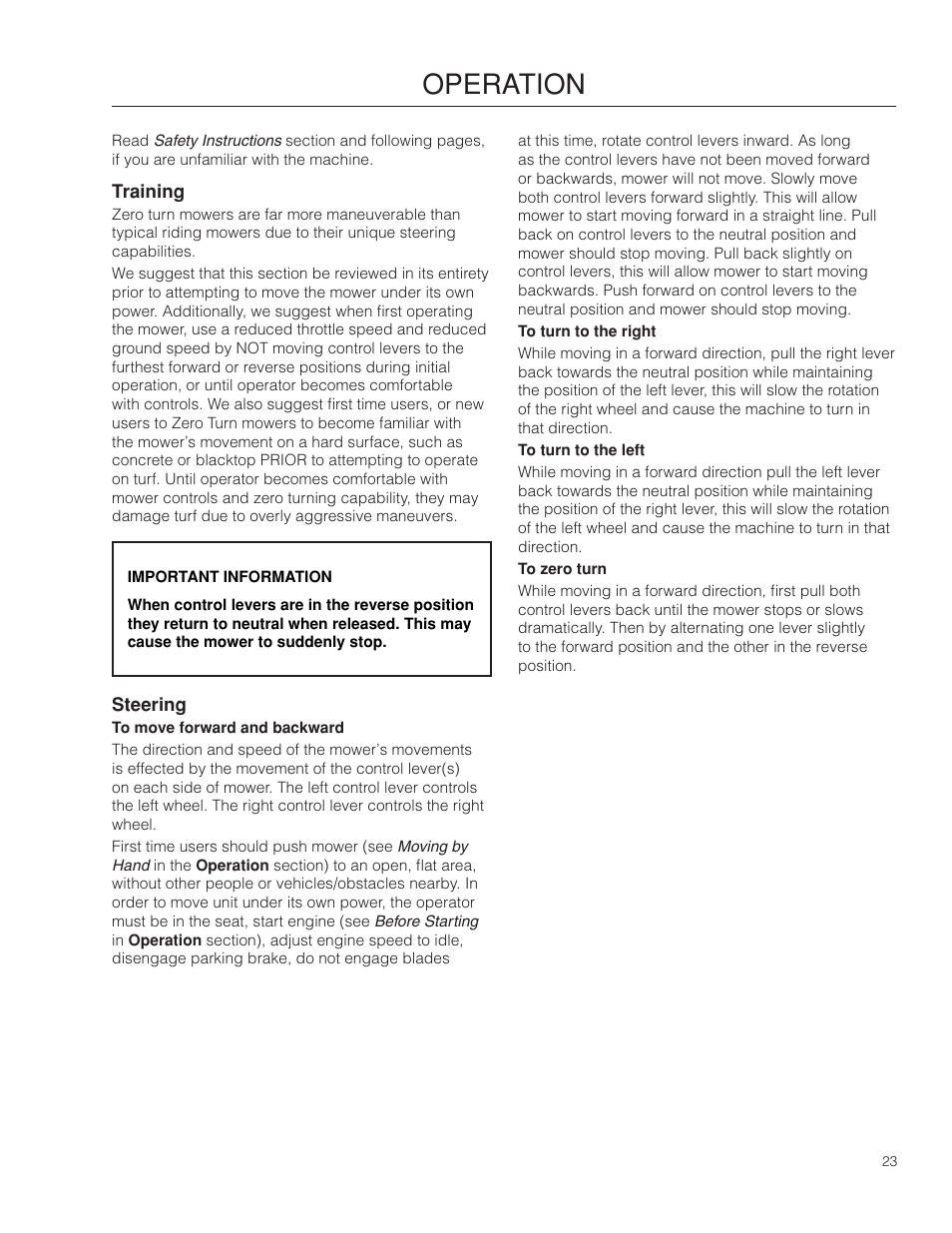 Operation, Training, Steering | Dixon RAM 48ZT BF User Manual | Page 23 / 72