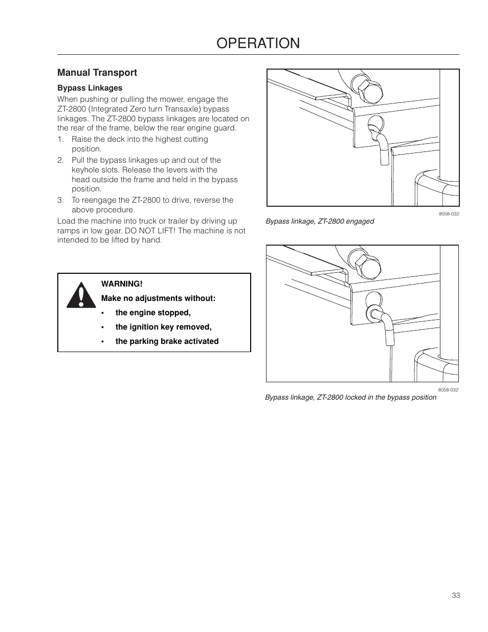 Manual transport, Bypass linkages, Operation | Dixon RAM 48ZT BF User Manual | Page 33 / 72