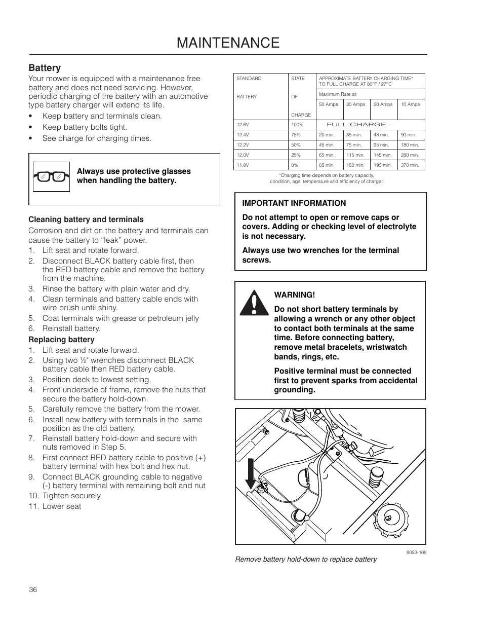 Battery, Maintenance | Dixon RAM 48ZT BF User Manual | Page 36 / 72